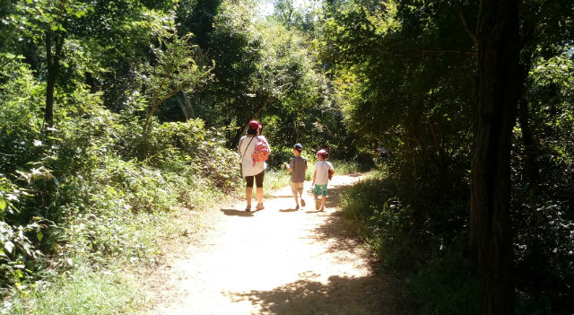 봉산 산책로를 걷고 있는 엄마와 아이들 모습이 평화롭다
