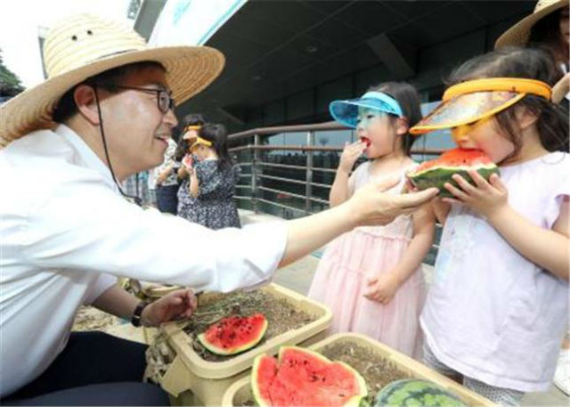 유성훈 구청장(왼쪽)이 수박따기 체험에서 딴 수박을 쪼개 아이들에게 나눠주고 있다