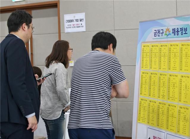 지난해 5월 구직자들이 금천구청 대강당에서 개최된 자치구 합동 ‘일구데이’에서 채용정보를 확인하고 있다