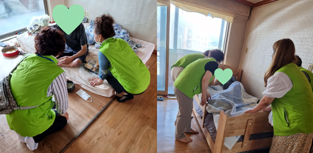 천안시 성환읍 행복키움지원단이 지난 22일 복지사각지대에 놓인 장애인가정을 방문해 맞춤형 침대 등을 지원했다