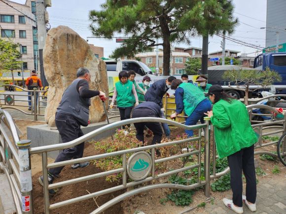 송천동 새마을 부녀회 회원과 동직원들이 꽃과 나무를 심고 있다